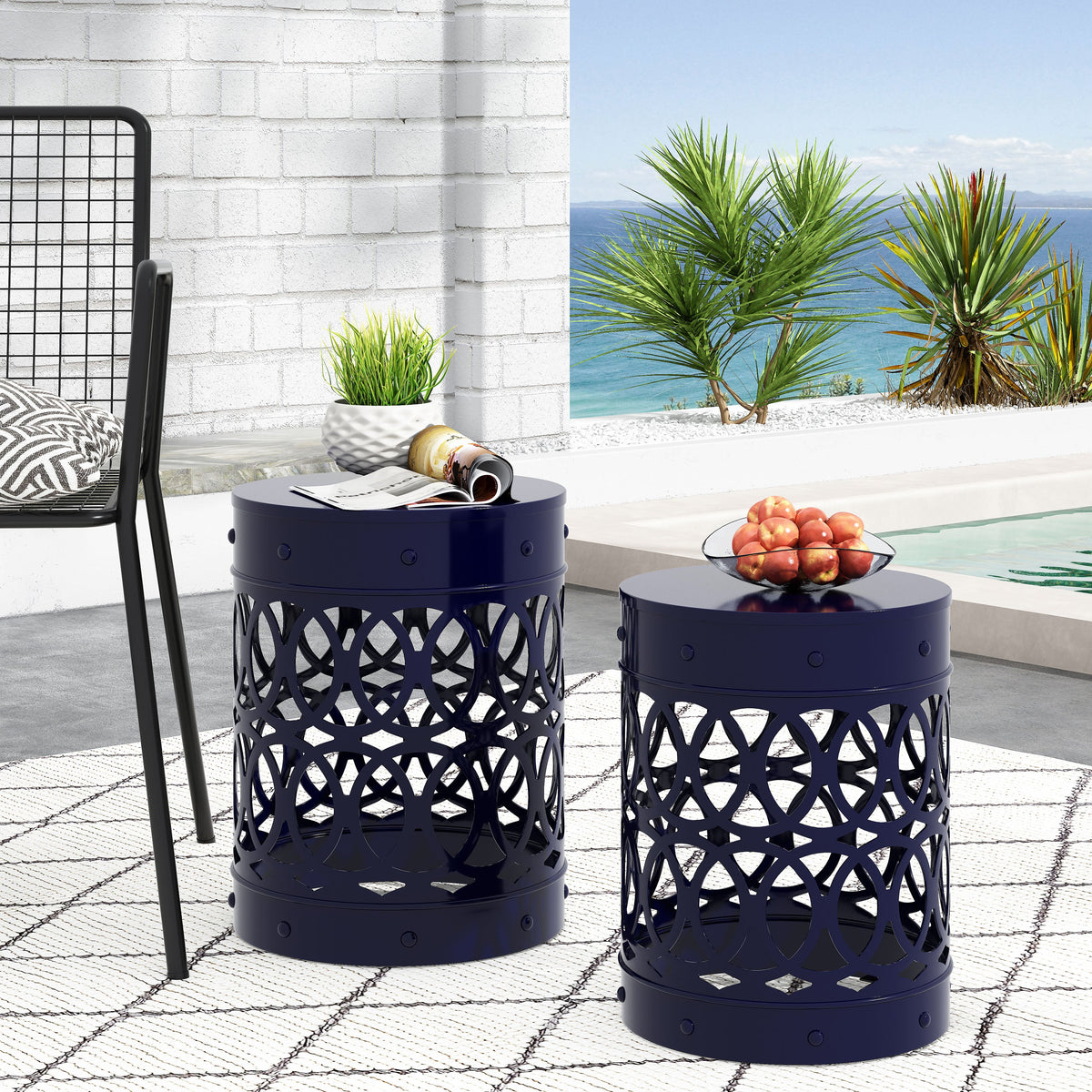 Navy Blue Outdoor Metal Set of 2 End Tables