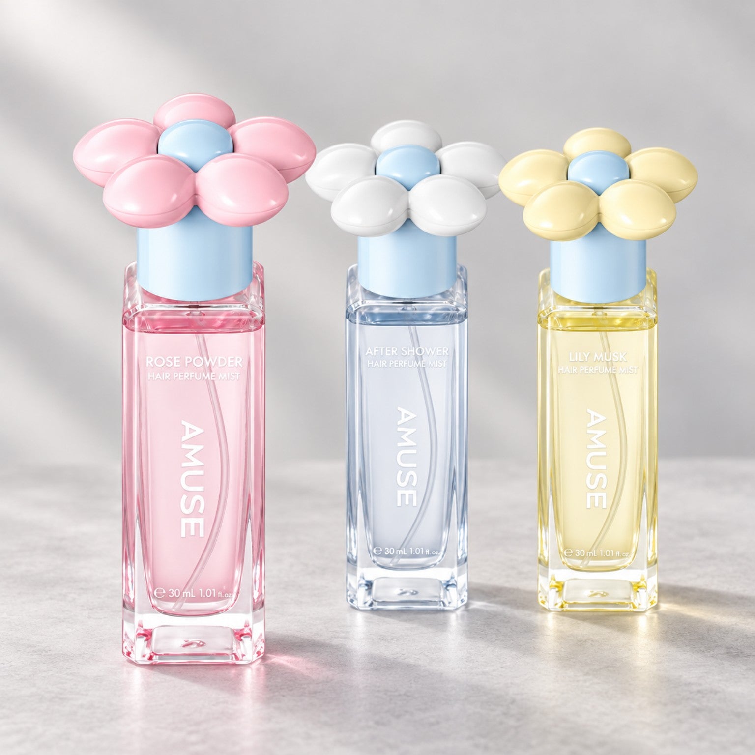 AMUSE hair perfume mist trio: Rose Powder, After Shower and Lily Musk